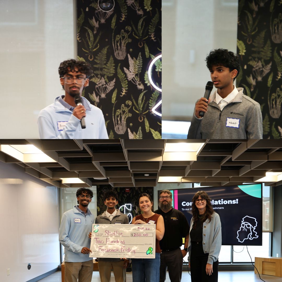 Advait and Risvan pitching LeetCAD at the VCU da Vinci Center for Innovation, then holding a prize check with the organizers